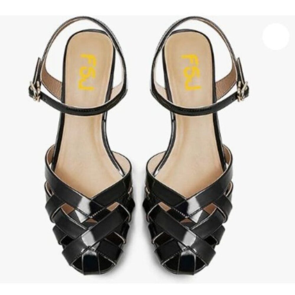 Women Classic Weave Cutout Block Low Heel Sandals Ankle Strap Buckle Casual